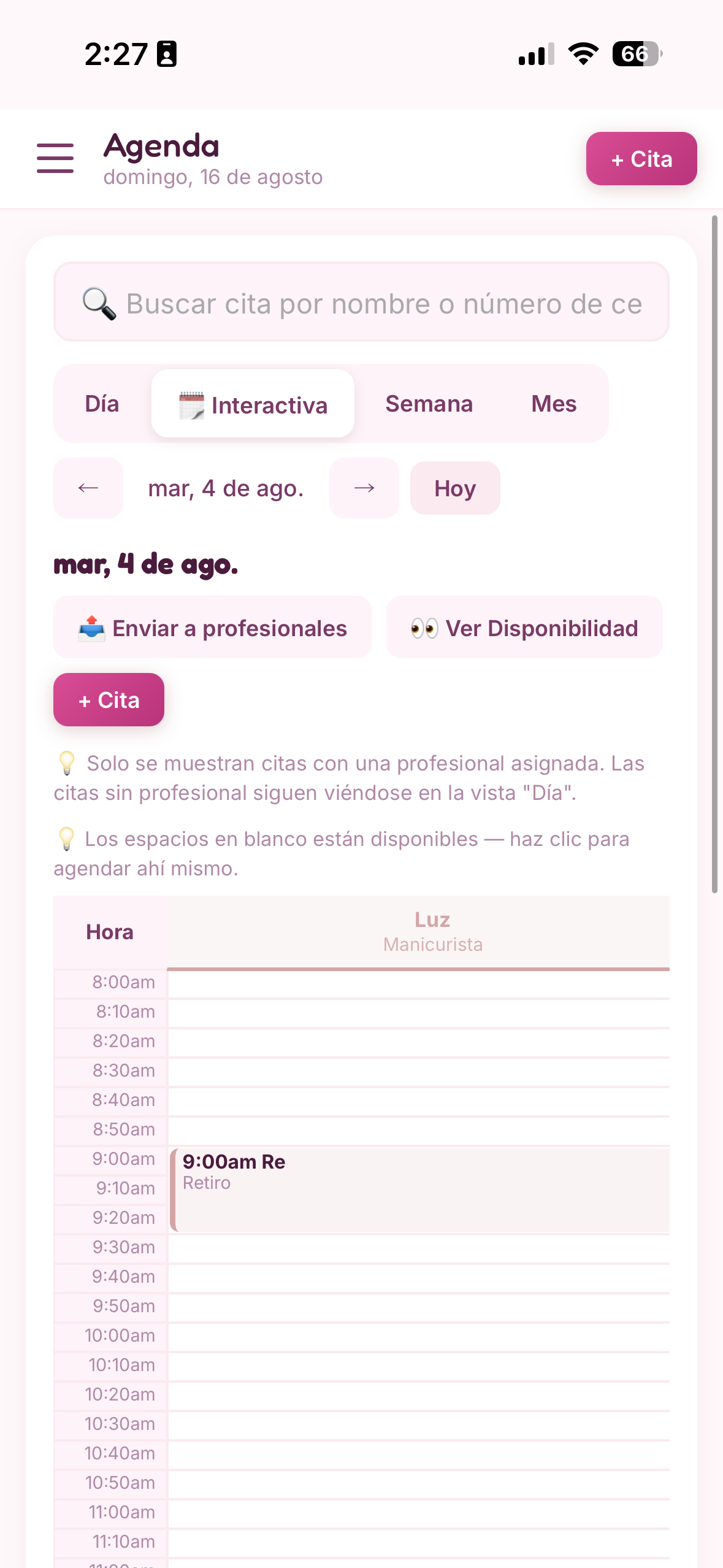 Vista Interactiva de Agenda Manicurista en celular